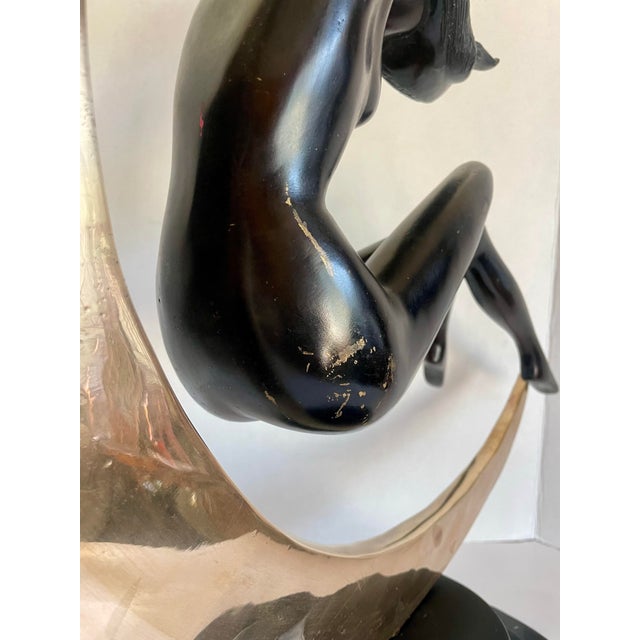 Art Deco Bronze Nude Figure Suspended in Brass Crescent Moon Sculpture on Marble Base For Sale - Image 10 of 12