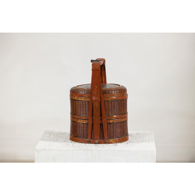 Vintage Chinese Woven Food Box with Painted Wood Bands, Double-Handled Carrying For Sale - Image 12 of 18