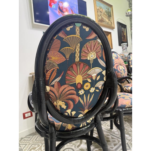 1970s Black Lacquered Bamboo Chairs with Floral Fabric by Vivai Del Sud, 1970, Set of 4 For Sale - Image 5 of 11