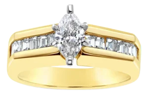 One Carat Marquise Center Diamond with Baguette Accents Engagement Ring, Size 8