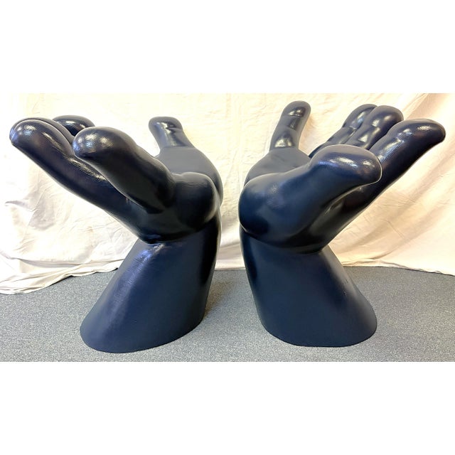 Navy Blue Vintage Mid Century Modern Retro Upturned Palm Hand Chairs- A Pair For Sale - Image 8 of 17