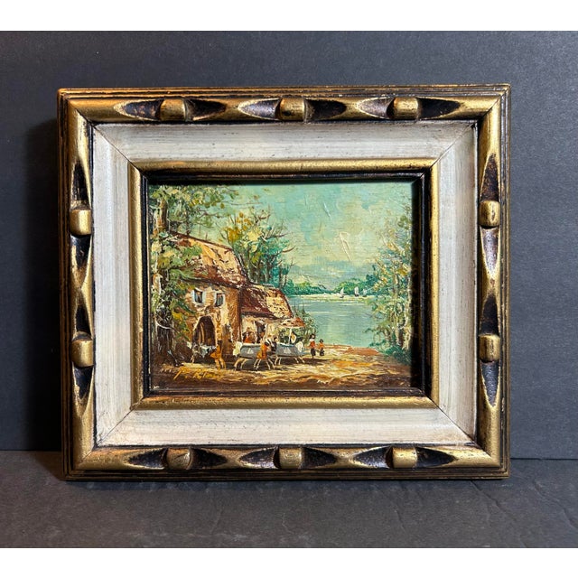 Small vintage original French landscape oil painting in original vintage wood frame. Dated on the back 1974, painted in...