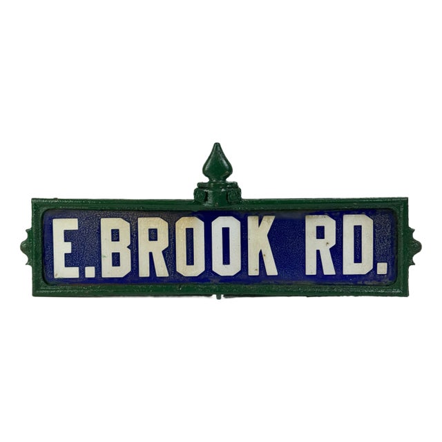 Early 20th Century Double Sided Porcelain Enamel Street Sign in Cast Iron Ornate Frame For Sale