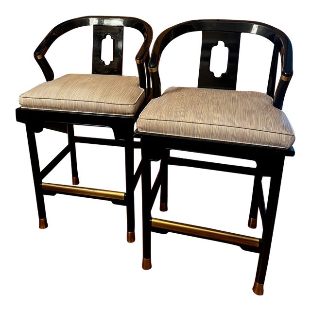 James Mont Century Black Lacquer 'Ming' Bar Stools - A Pair For Sale
