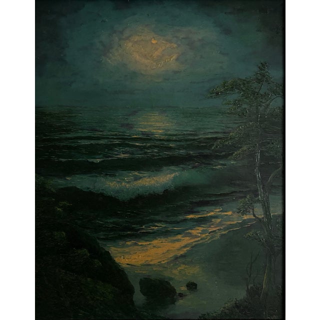 Vintage Mid Century Impressionist Nocturnal Moonlight Seascape Oil Painting in Linen & Wood Frame For Sale - Image 4 of 8