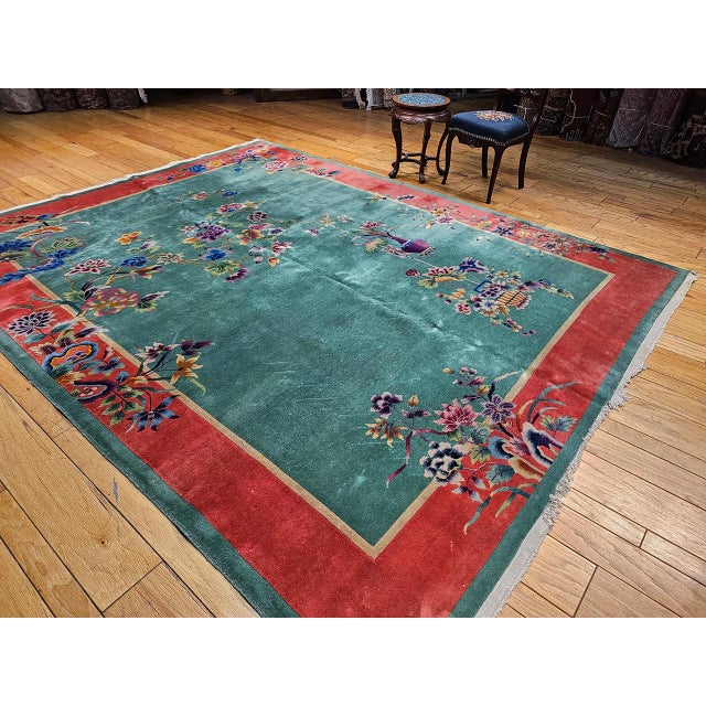 Vintage Chinese Art Deco Hand-Knotted Wool Rug, Floral Design, 1920s, 9' x 12' For Sale - Image 15 of 15