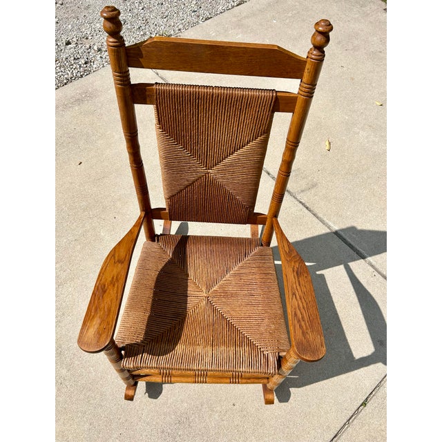 Extra Large Adult, Rush-Woven Seat and Backrest, Solid Oak, Turned Legs and Spindles, Wide Arm Rests, 1960’s, For Sale In South Bend - Image 6 of 6