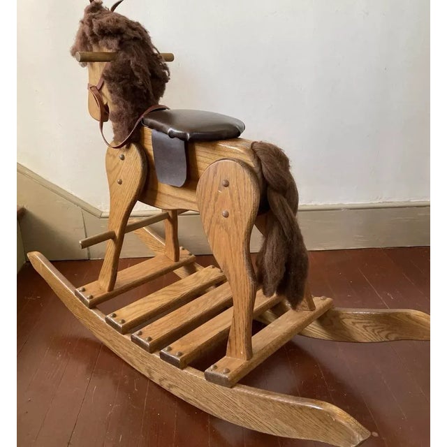 Large Wooden Rocking Horse, Amish Handmade in Pennsylvania. Solid Wood with leather harness and padded saddle seat....