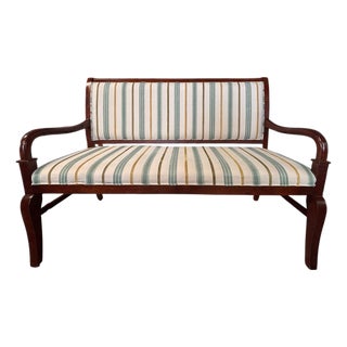Vintage Regency Style Mahogany Settee With Striped Upholstery For Sale