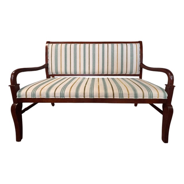 Vintage Regency Style Mahogany Settee With Striped Upholstery For Sale