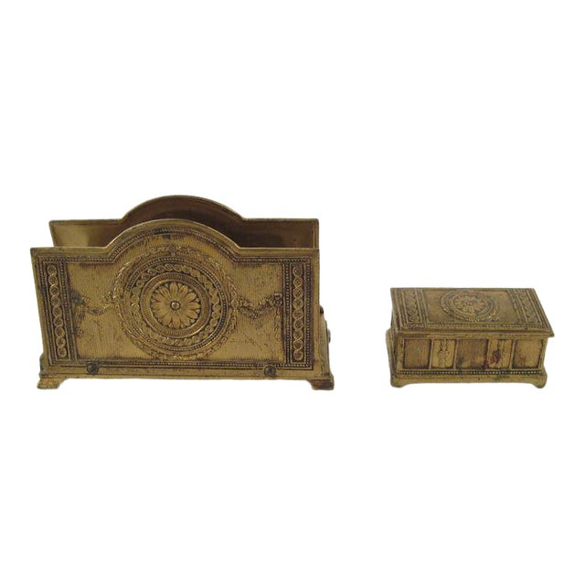 1900 Antique Empire Style Gilt Metal Letter Rack & Stamp Box Desk Set For Sale