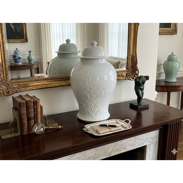White Monochrome Round Relief Floral Motif Ceramic General Temple Jar For Sale - Image 12 of 14