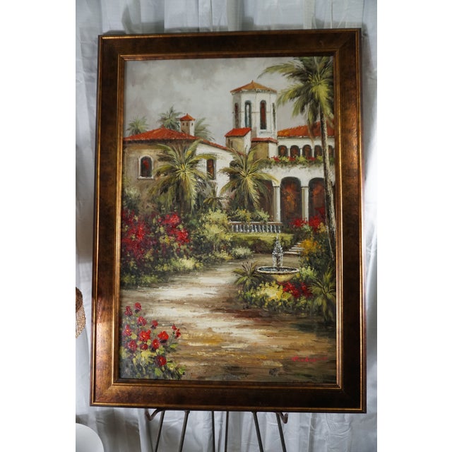 Escape to the timeless beauty of the Mediterranean with this striking framed oil painting featuring a grand Spanish...
