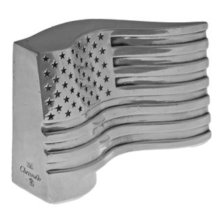 Christofle France Silverplate American Flag Paperweight Signed Modern Desk Accessory Patriotic Office Decor For Sale