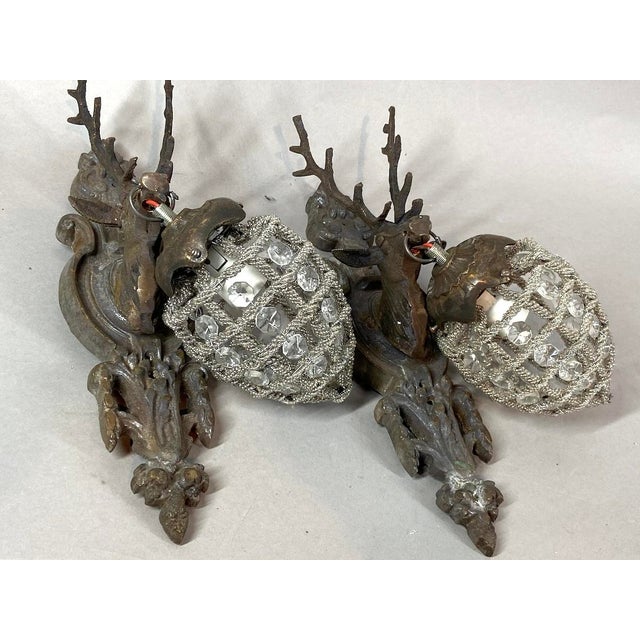 Metal Late 20th French Louis XVI Bronze Deer Wall Lamps Sconces Pair For Sale - Image 7 of 9