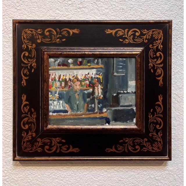 This oil painting captures a bartender in a lively bar setting, surrounded by shelves lined with colorful bottles. The...