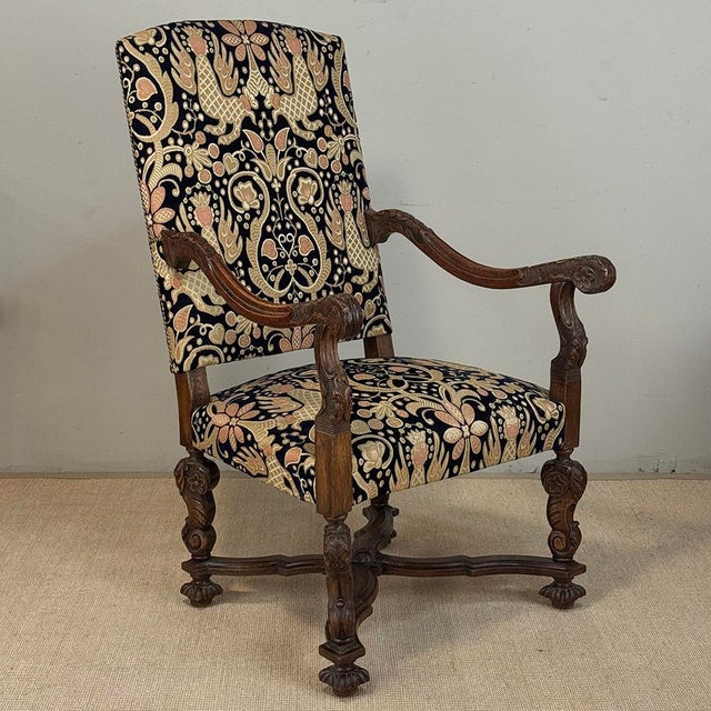 19th Century French Renaissance Revival Hand Carved Oak Armchair For Sale - Image 4 of 17