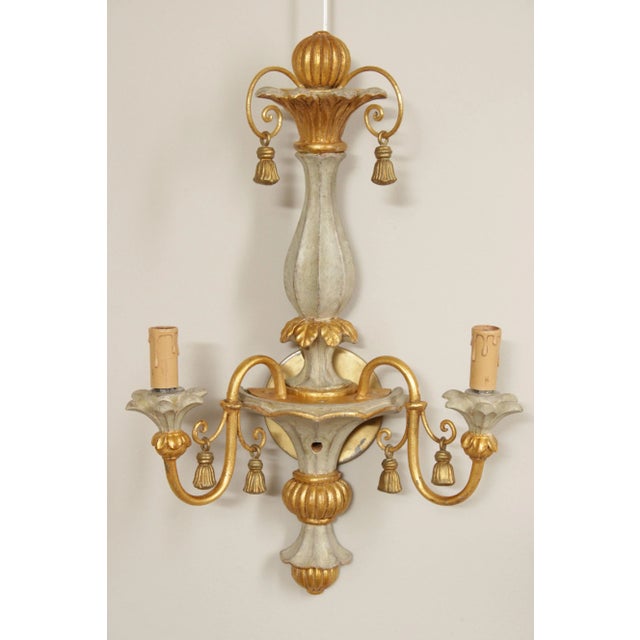Italian Hollywood Regency Pair Parcel Gilt 2-Light Wall Sconces For Sale - Image 4 of 12