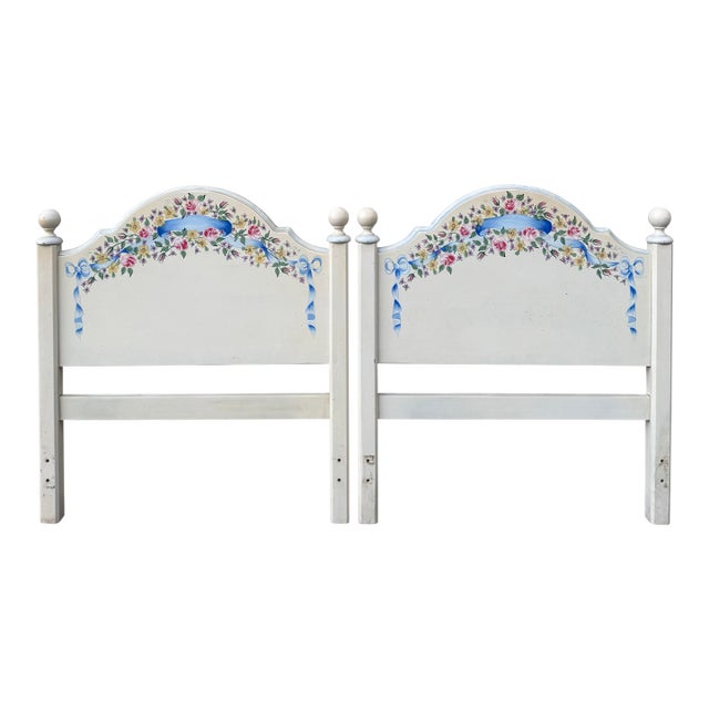 Vintage 1993 Signed Hand Painted Floral Twin Headboards- A Pair For Sale
