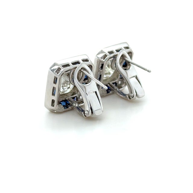 Metal Mid 20th Century 4.34 Carat Radiant Cut Diamond and Sapphire Stud Earrings, Pair For Sale - Image 7 of 9