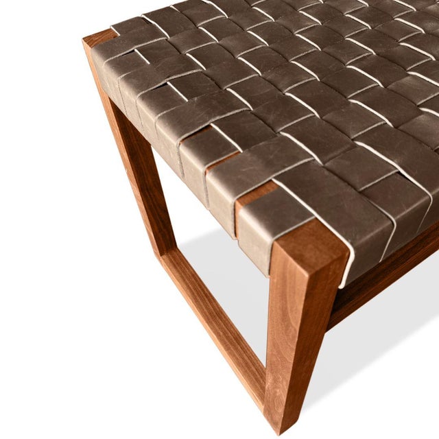 2020s Modern Teak Bench With Woven Leather Attributed to Edward Smith For Sale - Image 5 of 6