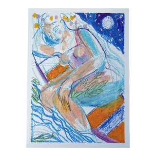 Night Kayak, Dreaming Woman Figurative Contemporary Original Art Oil Pastel Artwork #41 For Sale