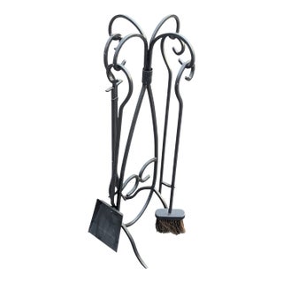 Vintage 4-Piece Wrought Iron Fireplace Tool Set Stand For Sale