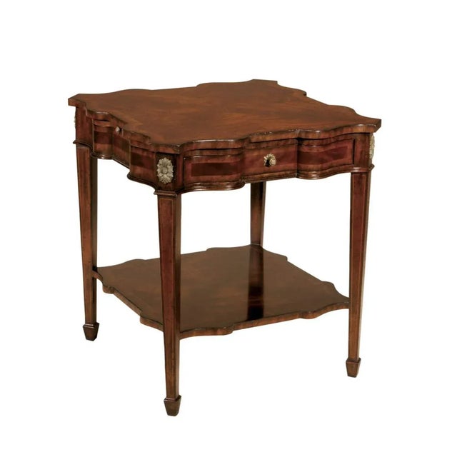 Aged Regency Finished Mahogany Serpentine End Table Sienna Leather Slides Verdigris Brass Accents