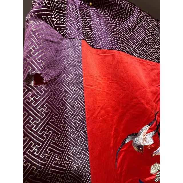 Mid 20th Century Vintage Large Chinese Red Silk Hand-Embroidered Deer & Pine Tree Longevity Tapestry - 7' X 3' For Sale - Image 5 of 10