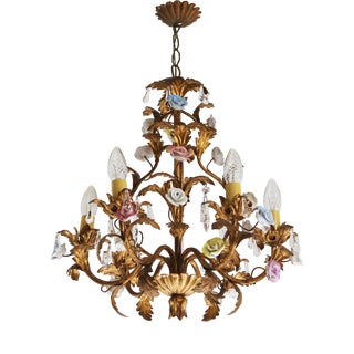 Italian Tôle Chandelier with Ceramic Roses and Crystal Pendants, 1950s For Sale