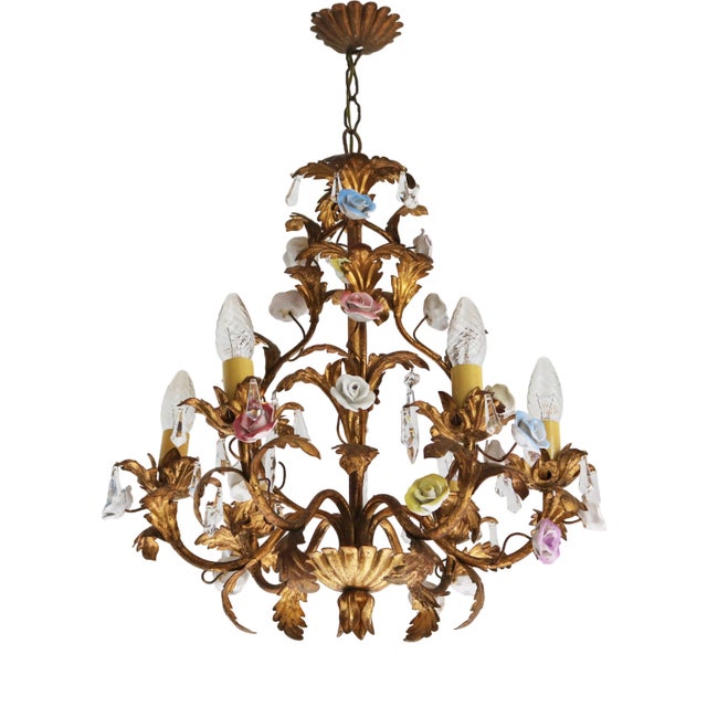 Italian Tôle Chandelier with Ceramic Roses and Crystal Pendants, 1950s For Sale