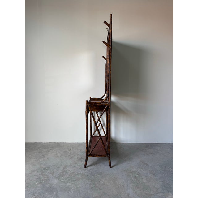 Vintage Maitland-Smith English Style Burnt Bamboo Hall Tree / Coat Rack With Mirror For Sale - Image 4 of 12