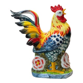Hand-Painted Porcelain Rooster Figurine – 12.4" Colorful Ceramic Bird Sculpture For Sale