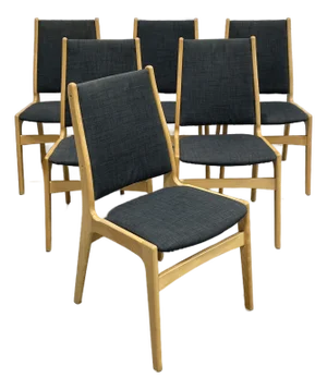 Danish Mid Century Modern Dining Chairs, Set of 6, Beech Wood Frames With Charcoal Upholstery, Scandinavian Modern Dining Chairs, C. 1960s