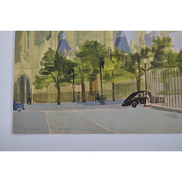 1950s French School of the 20th Century "Paris - View of St Germain L'Auxerrois" Gouache Monogrammed, Dated 1958 For Sale - Image 5 of 11