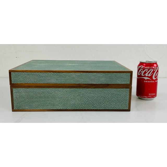 Original retail $595, stylish Made Goods Modern Large Sage Green Faux Shagreen Cooper Box, wood trim detail, cream suede...