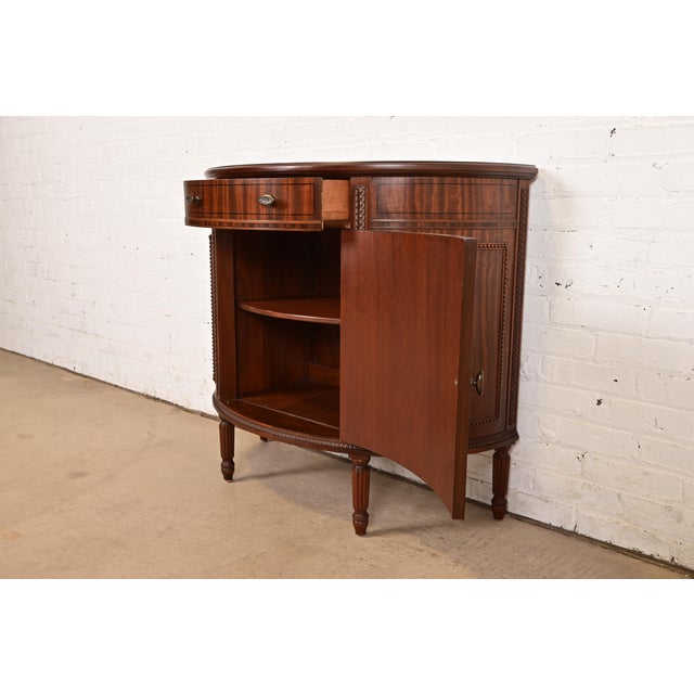 Imperial Furniture French Regency Louis XVI Mahogany and Inlaid Marquetry Demilune Cabinet, Newly Refinished For Sale In South Bend - Image 6 of 14