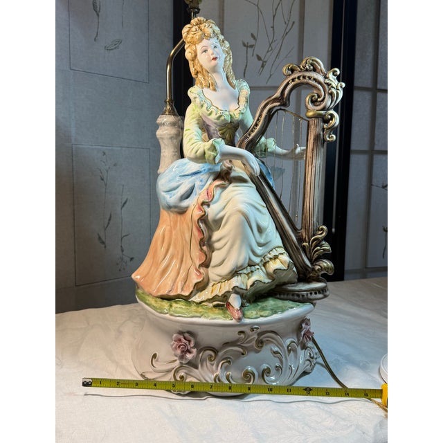 1940s Capodimonte Porcelain Table Lamp Lady Playing Harp 40 in Tall. For Sale - Image 11 of 12