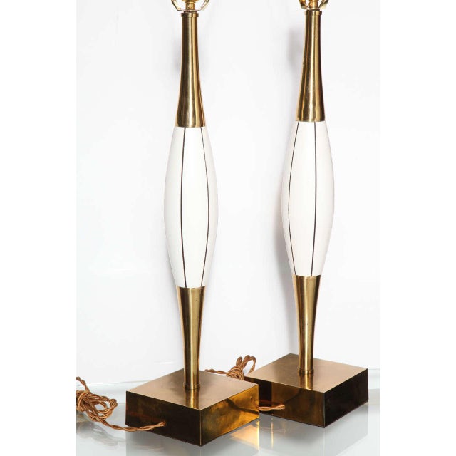 Mid 20th Century Mid-Century Stewart Ross James Attrib. White Incised Wood and Brass Table Lamps - a Pair For Sale - Image 5 of 9