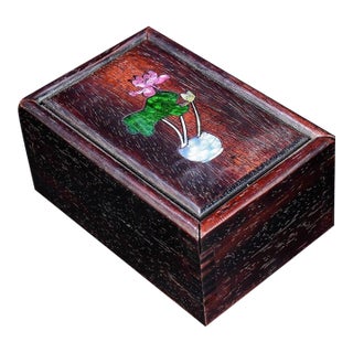 Vintage Chinese Zitan Wood Sliding Lid Box With Mother of Pearl Lotus Inlay For Sale
