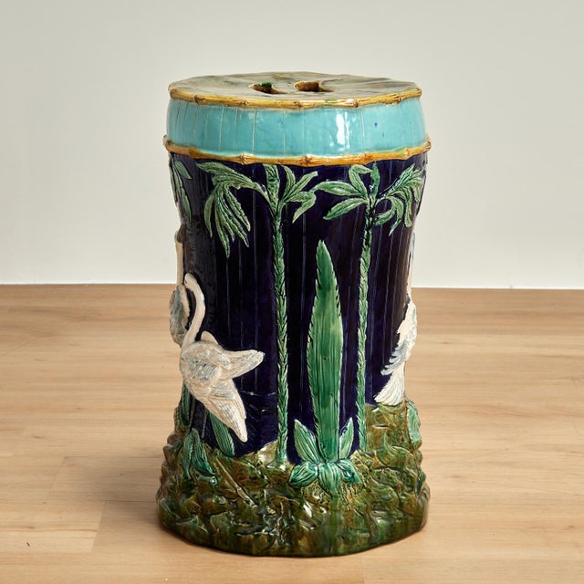 Striking 19th century English majolica stand or pedestal, in the Minton style with dynamic function ability crafted in...