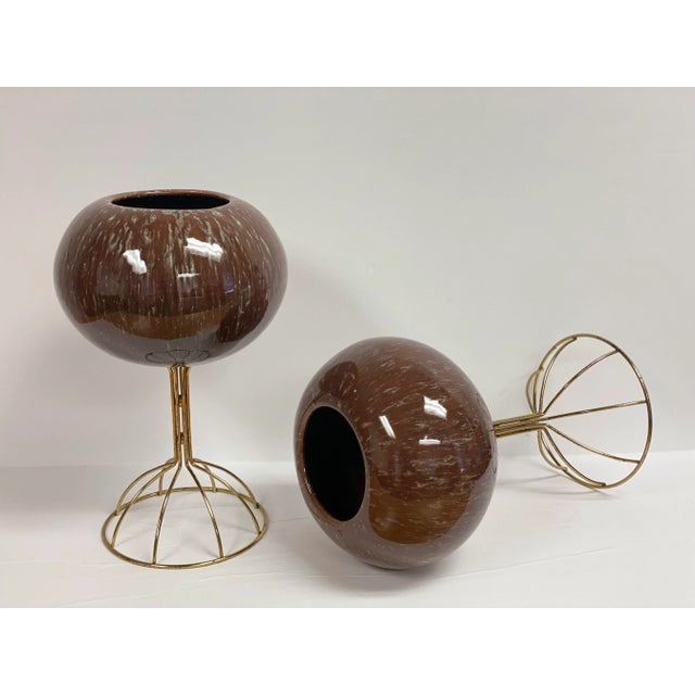 Vintage Italian Brown Ceramic Sphere Planters With Brass Stands – a Pair For Sale - Image 4 of 5