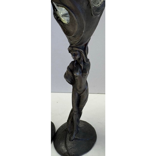 Late 20th Century Figural Nude Champagne Flutes – Sculptural Art Nouveau Style Gothic Metal Stem Goblets – Set of 2” For Sale - Image 4 of 8