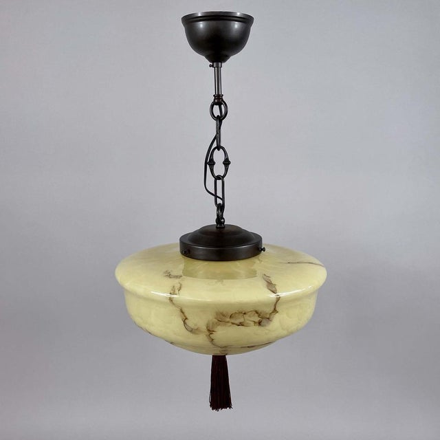 Brown Art Deco Dark Cream Marbled Opaline & Bronzed Pendant with Tassel, Germany, 1930s For Sale - Image 8 of 17