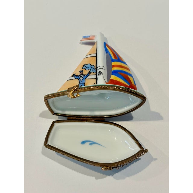 Metal Mid 18th Century Limoges Sailboat Trinket Box Hand Painted in Limoges, France For Sale - Image 7 of 12