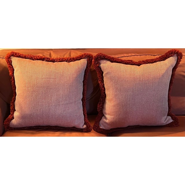 Pair custom red and white woven chevron pillows with passementerie fringe trim. Nice large size - each measures 20" x 19"...