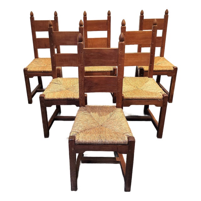 High Back Belgian Oak and Rush Dining Chairs Circa 1960 For Sale