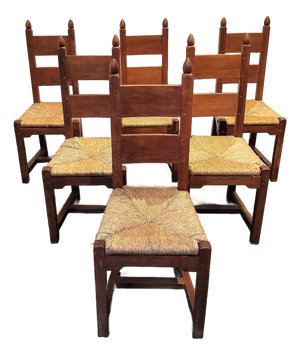 High Back Belgian Oak and Rush Dining Chairs Circa 1960