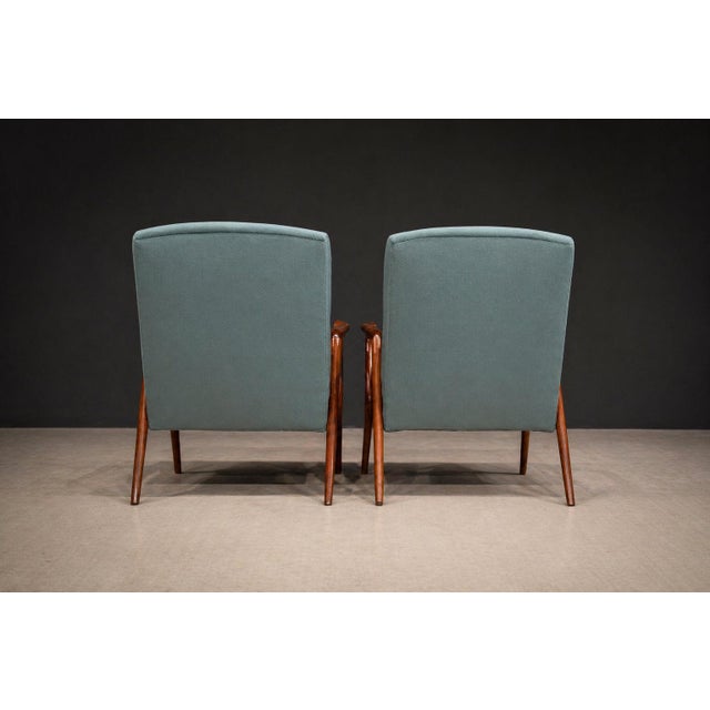 Brown Giuseppe Scapinelli Armchairs, Brazil, 1950s — Sculpted Caviúna Frames in Dusty Teal Velvet Upholstery For Sale - Image 8 of 18