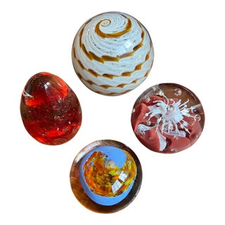 1970s Collection of Orange and Red Glass Paperweights- Set of 4 For Sale